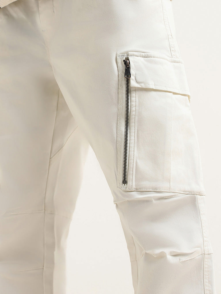 Nuon White Cotton Blend Relaxed Fit Cargo Pants