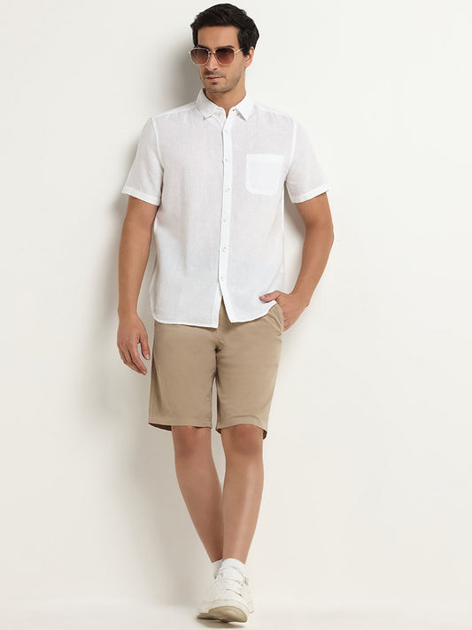 WES Casuals Beige Relaxed Fit Bermuda Blended Linen Shorts