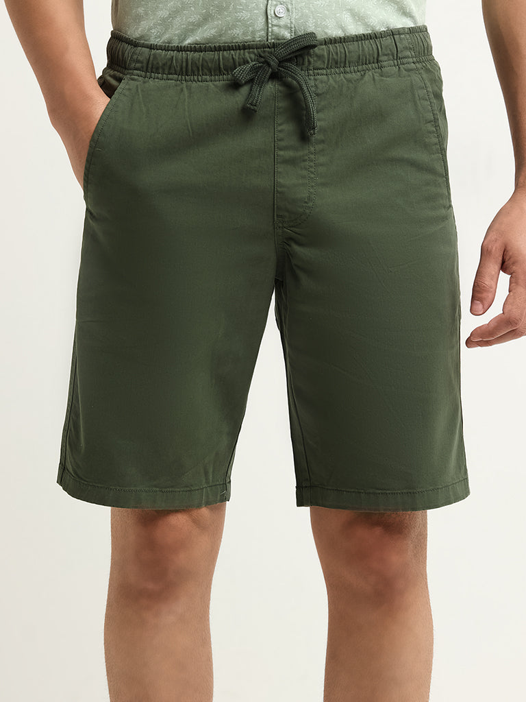 WES Casuals Green Relaxed Fit Bermuda Blended Linen Shorts
