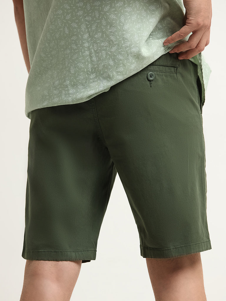 WES Casuals Green Relaxed Fit Bermuda Blended Linen Shorts