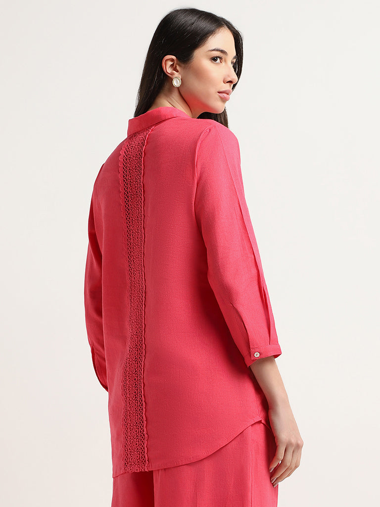 Zuba Pink Lace-Detail Blended Linen Tunic