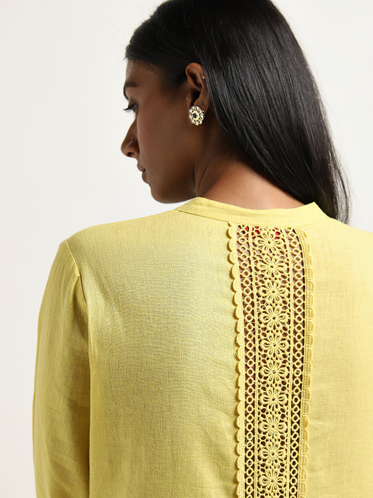 Zuba Yellow Crochet Detailed A-Line Cotton Kurta