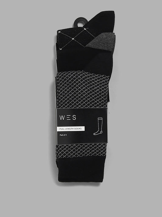 WES Lounge Black Cotton Blend High-Length Socks - Pack of 3