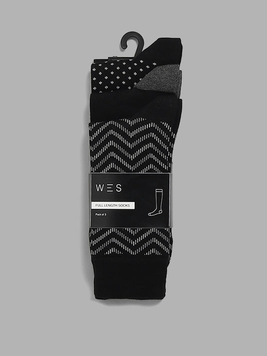 WES Lounge Black Cotton Blend High-Length Socks - Pack of 3