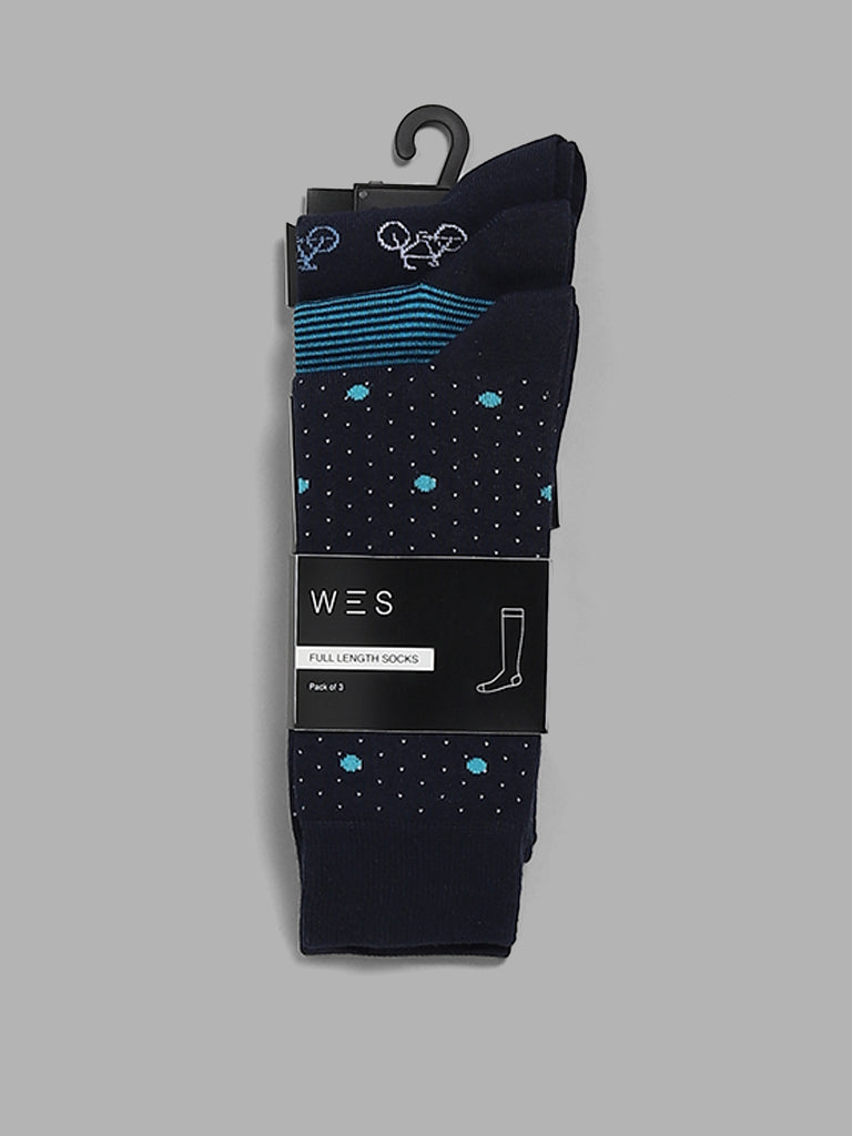 WES Lounge Navy Cotton Blend High-Length Socks - Pack of 3