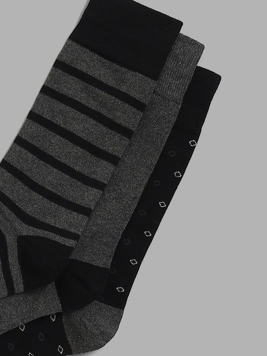 WES Lounge Grey Cotton Blend High-Length Socks - Pack of 3