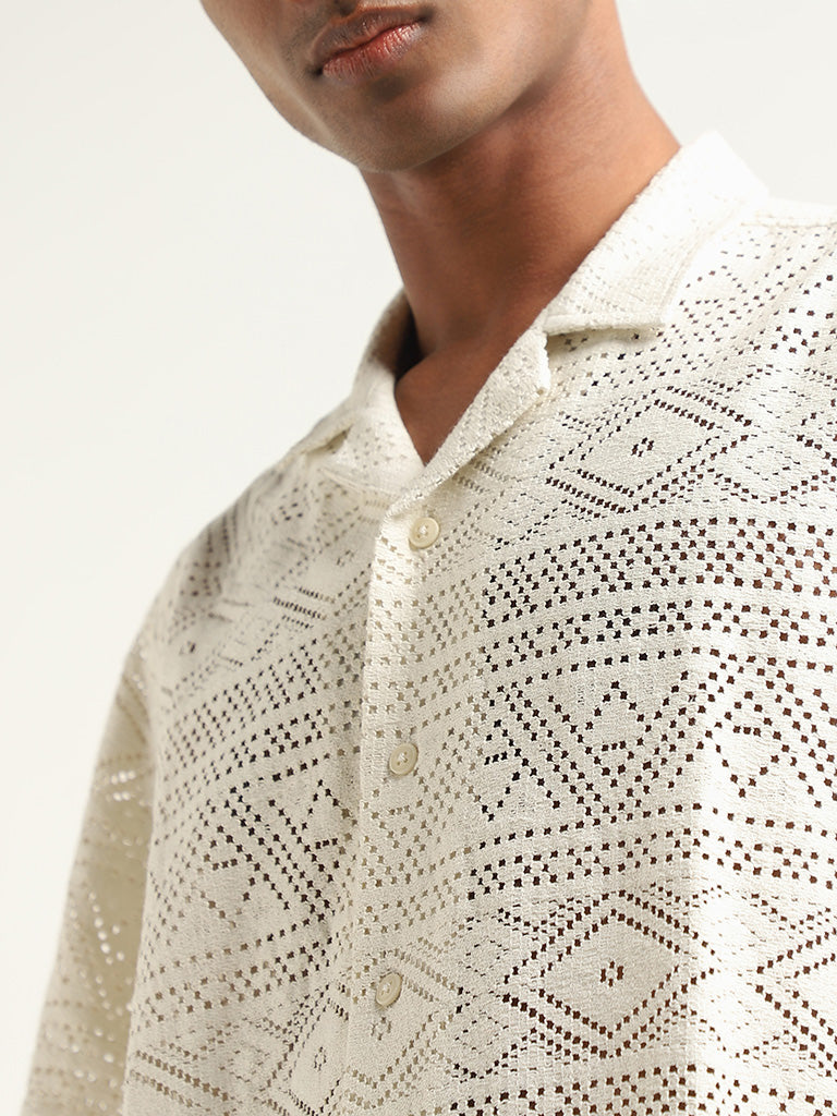 ETA Solid White Crochet Cotton Blend Relaxed Fit Shirt
