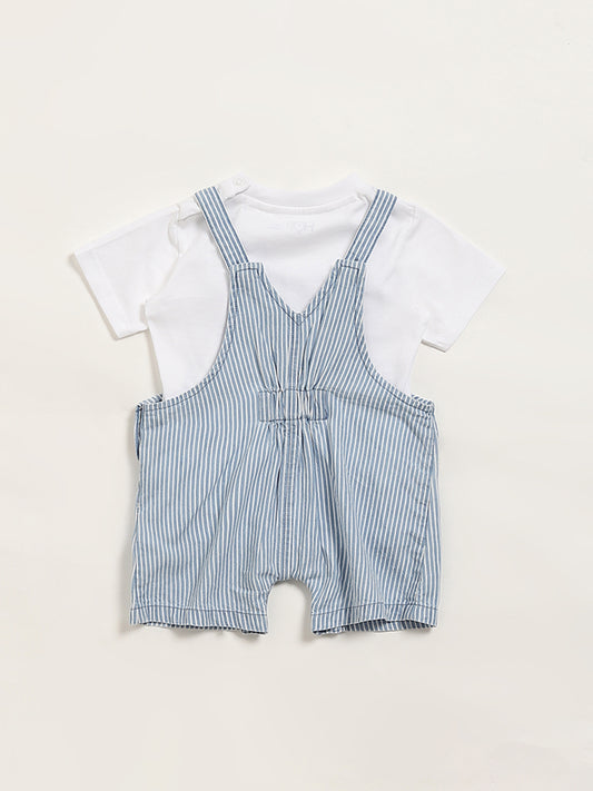 HOP Baby Blue Striped Dungaree & T-Shirt Set