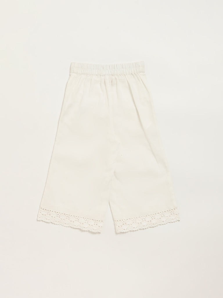Utsa Kids White Lace-Trim Wide-Leg Palazzos