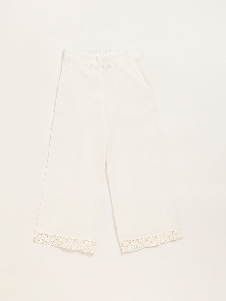 Utsa Kids White Lace-Trim Wide-Leg Palazzos (8 -14yrs)
