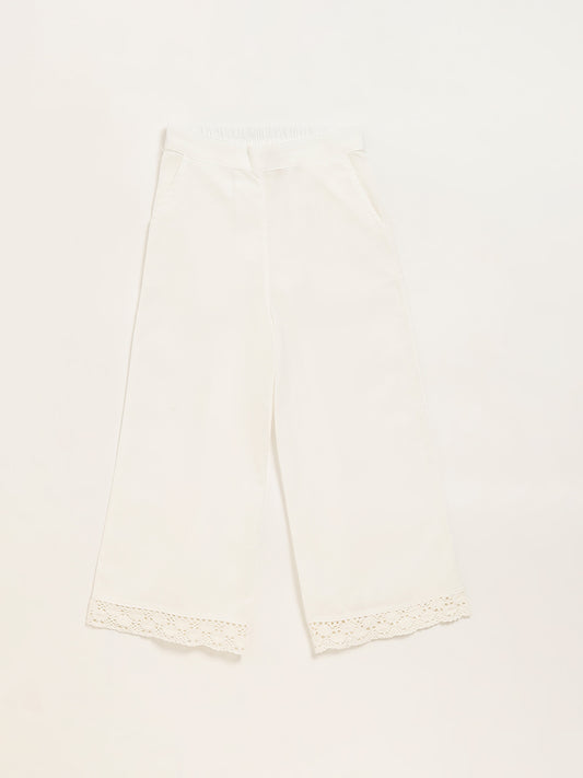 Utsa Kids White Lace-Trim Wide-Leg Palazzos (8 -14yrs)