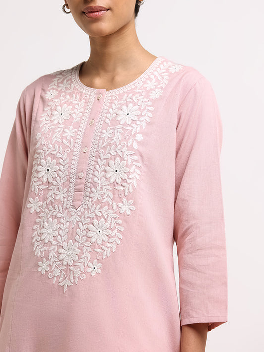 Utsa Pink Floral Embroidered Blended Linen Kurta