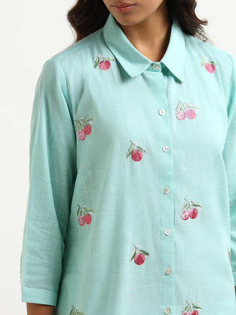 Utsa Blue Embroidered Shirt Blended Linen Kurta