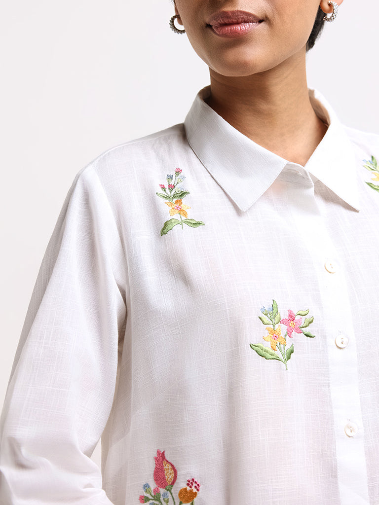 Utsa White Embroidered Button-Down Kurta