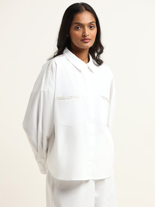 LOV White Sequined Embroidered Cotton Shirt