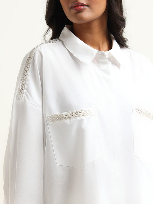 LOV White Sequined Embroidered Cotton Shirt