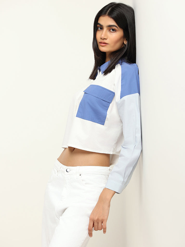 Nuon White Color-Block Cotton Crop Shirt