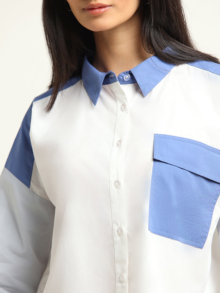 Nuon White Color-Block Cotton Crop Shirt