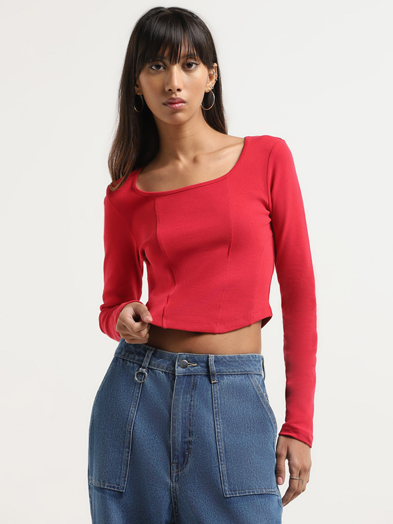 Nuon Red Self-Patterned Crop T-Shirt