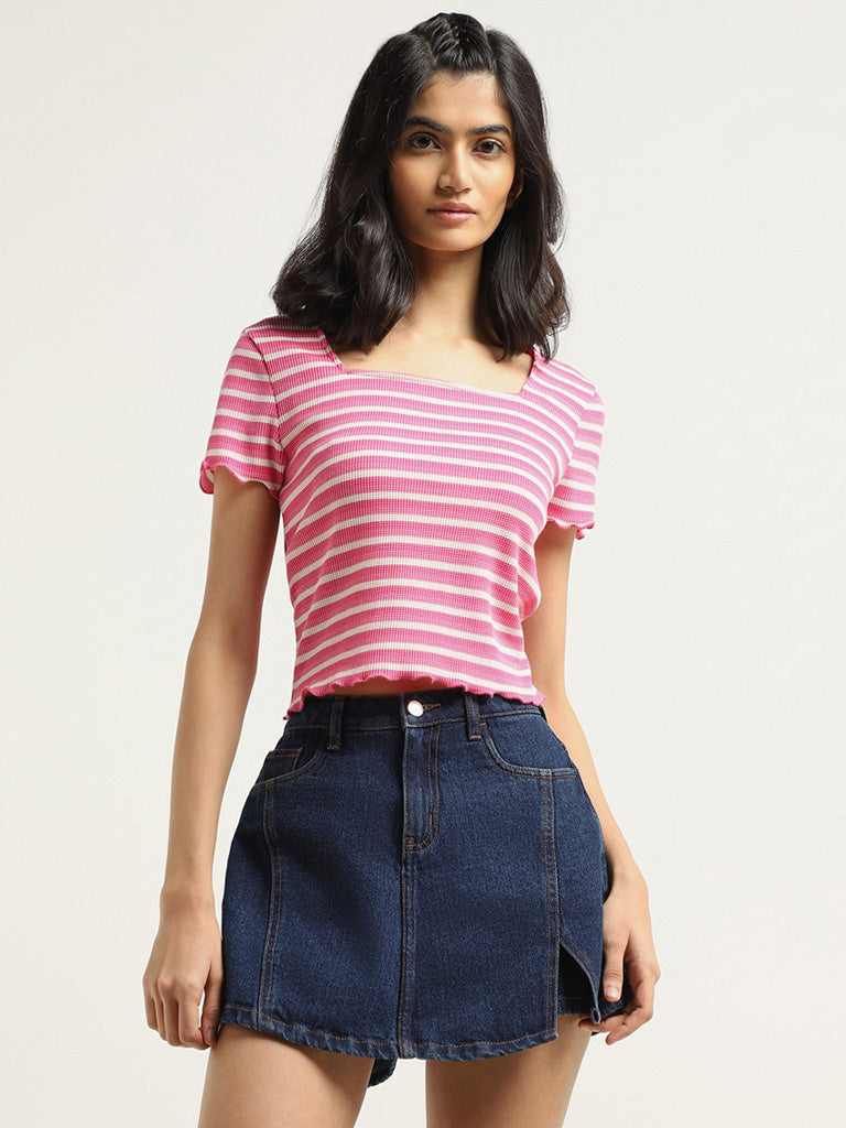 Nuon Pink Striped Cotton Blend T-Shirt