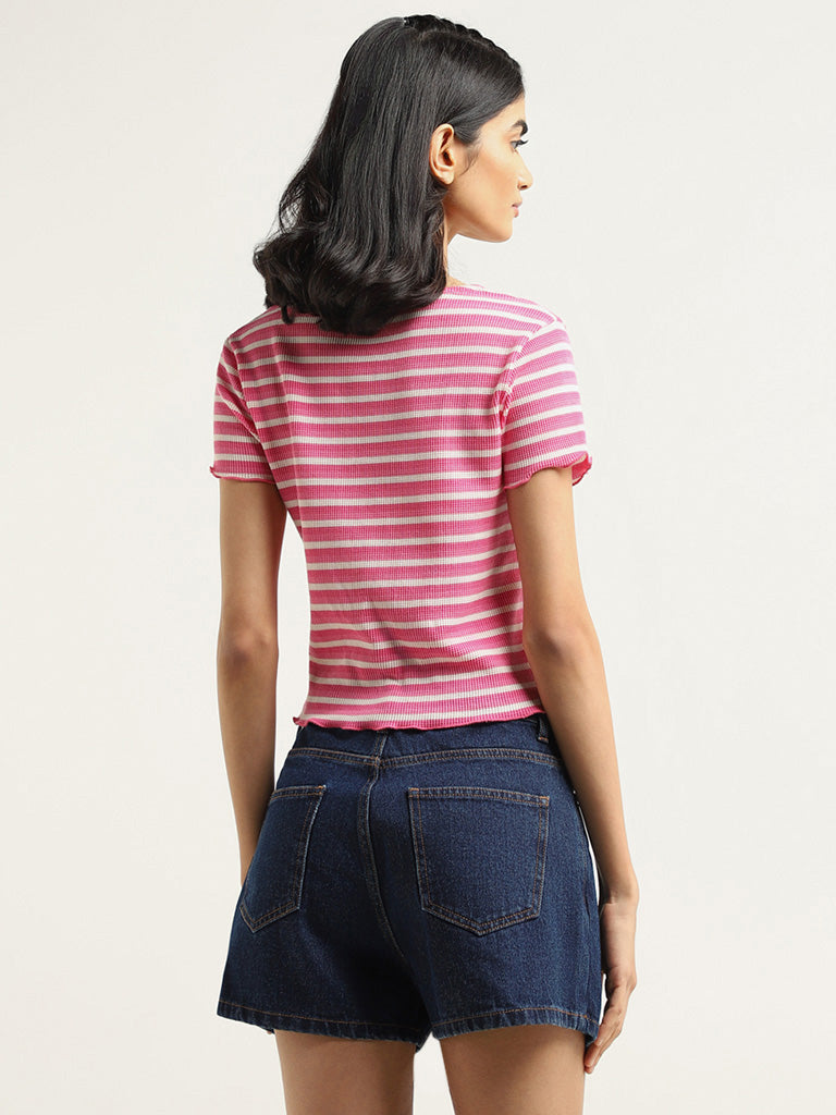 Nuon Pink Striped Cotton Blend T-Shirt