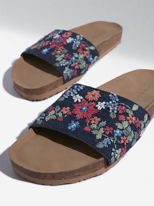 LUNA BLU Blue Floral Embroidered Sandals