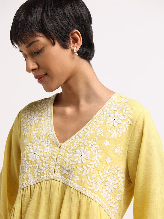 Utsa Yellow Floral Embroidered Cotton Kurta