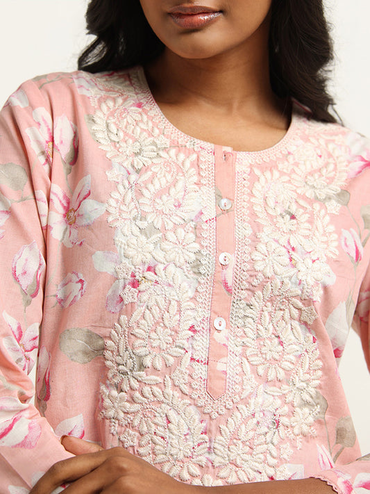 Utsa Pink Floral Embroidered Cotton Kurta
