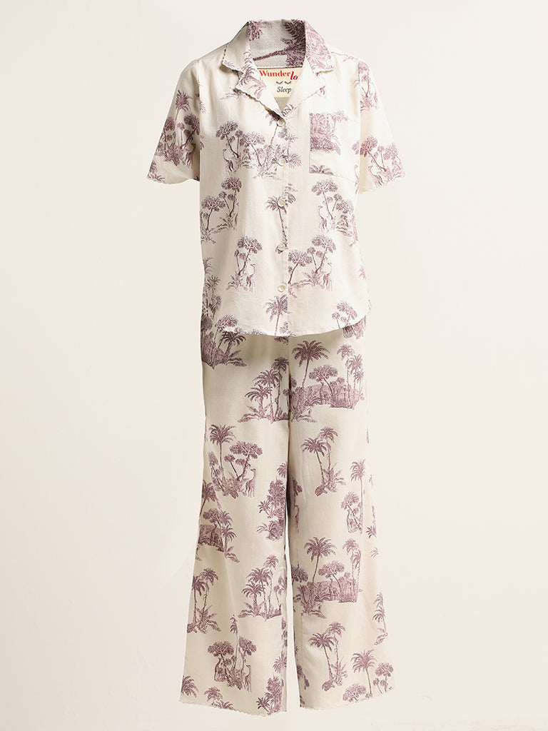 Wunderlove White Printed Cotton Shirt with Pyjamas