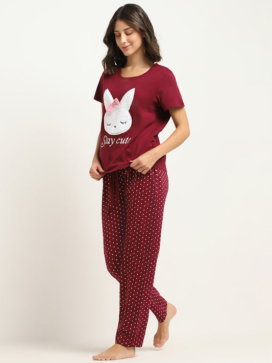 Wunderlove Maroon T-Shirt & Pyjamas Set