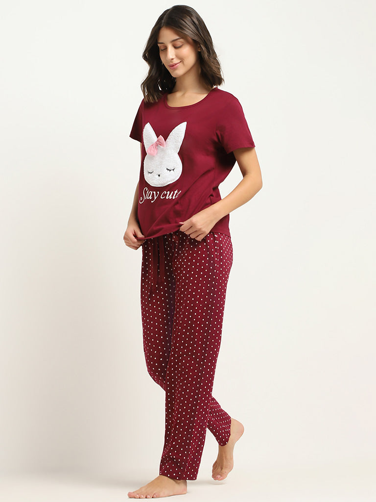 Wunderlove Maroon Cotton T-Shirt and Pyjamas Set