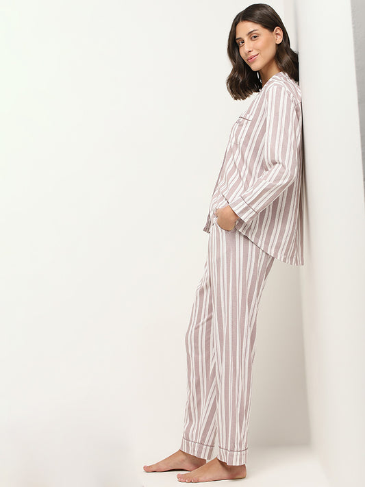 Wunderlove Light Brown Striped Cotton Shirt and Pyjama Set