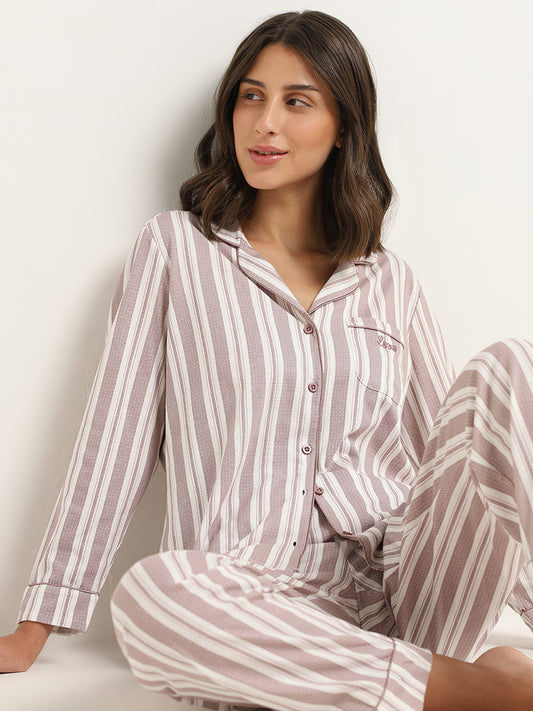 Wunderlove Light Brown Striped Cotton Shirt and Pyjama Set