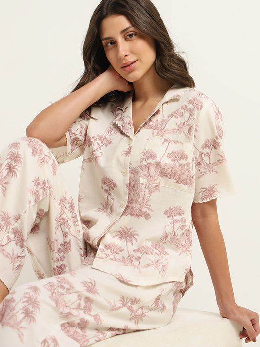 Wunderlove Off-White Printed Shirt & Pyjamas Set
