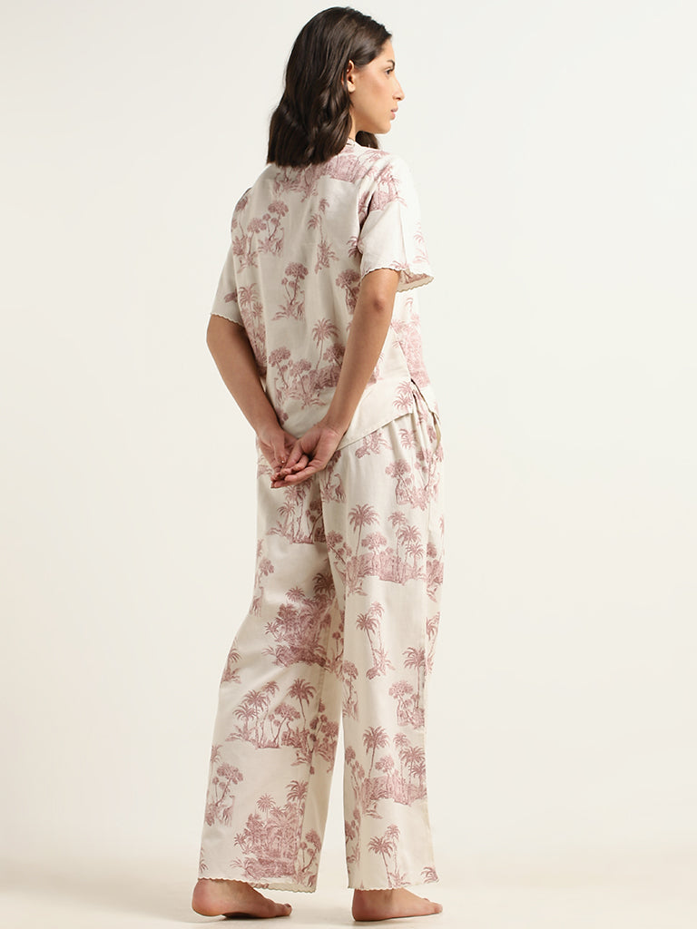 Wunderlove Off-White Printed Cotton Shirt and Pyjama Set