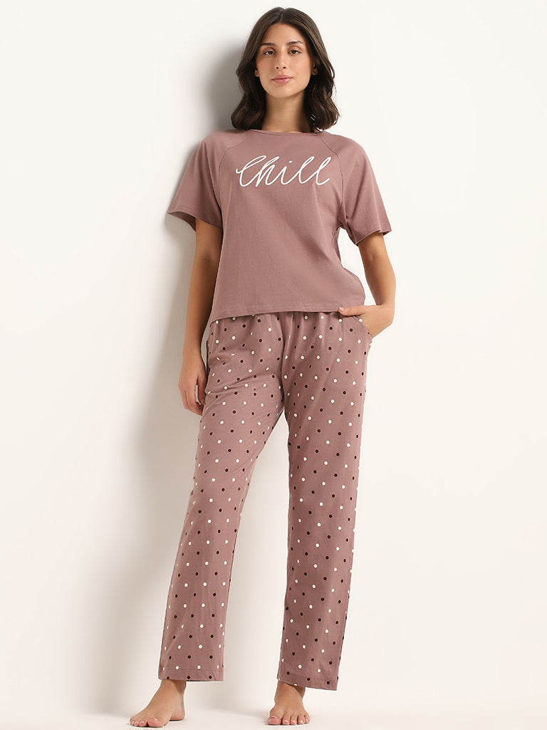 Wunderlove Brown Polka-Dotted Cotton Pyjamas