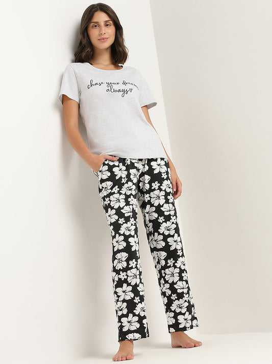 Wunderlove Black Floral Printed Cotton Pyjamas