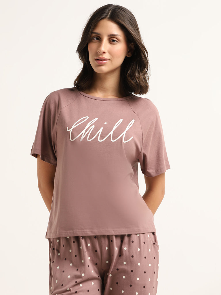 Wunderlove Brown Contrast Printed Cotton T-Shirt