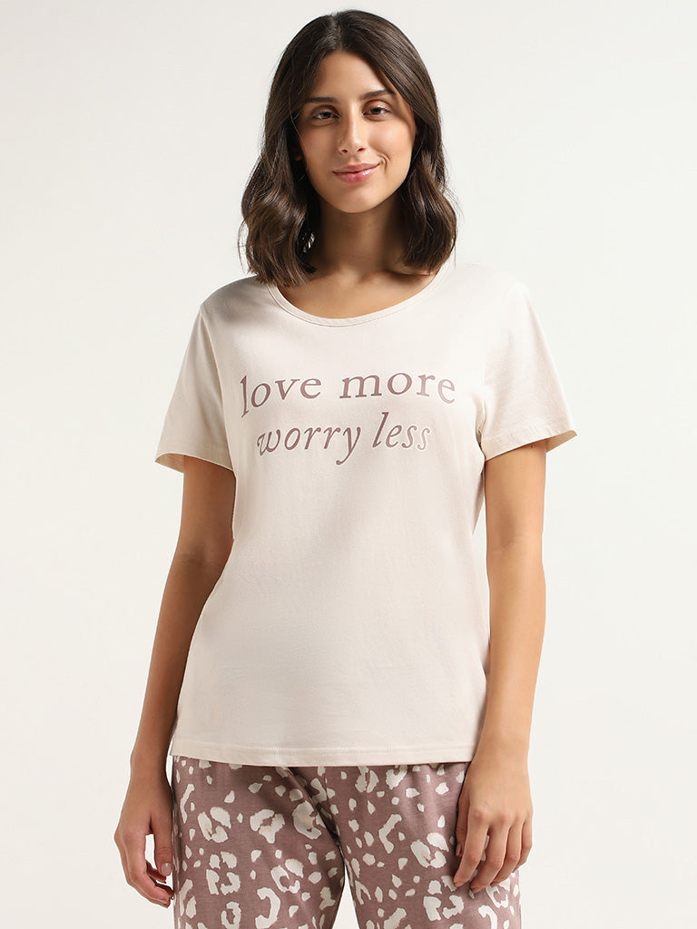 Wunderlove Cream Contrast Printed Cotton T-Shirt