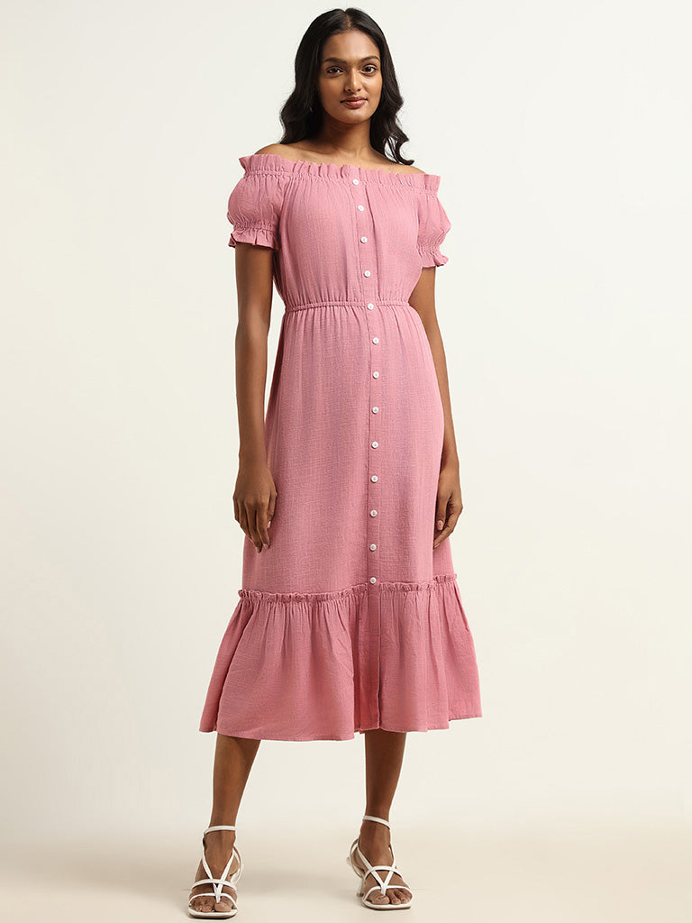 LOV Light Pink Off Shoulder Cotton Blended Linen Dress