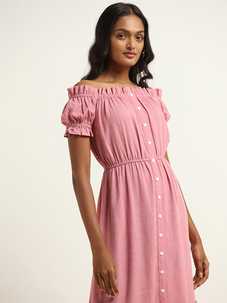 LOV Light Pink Off Shoulder Cotton Blended Linen Dress