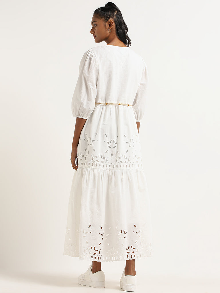 LOV White Cotton Schiffli Maxi Dress