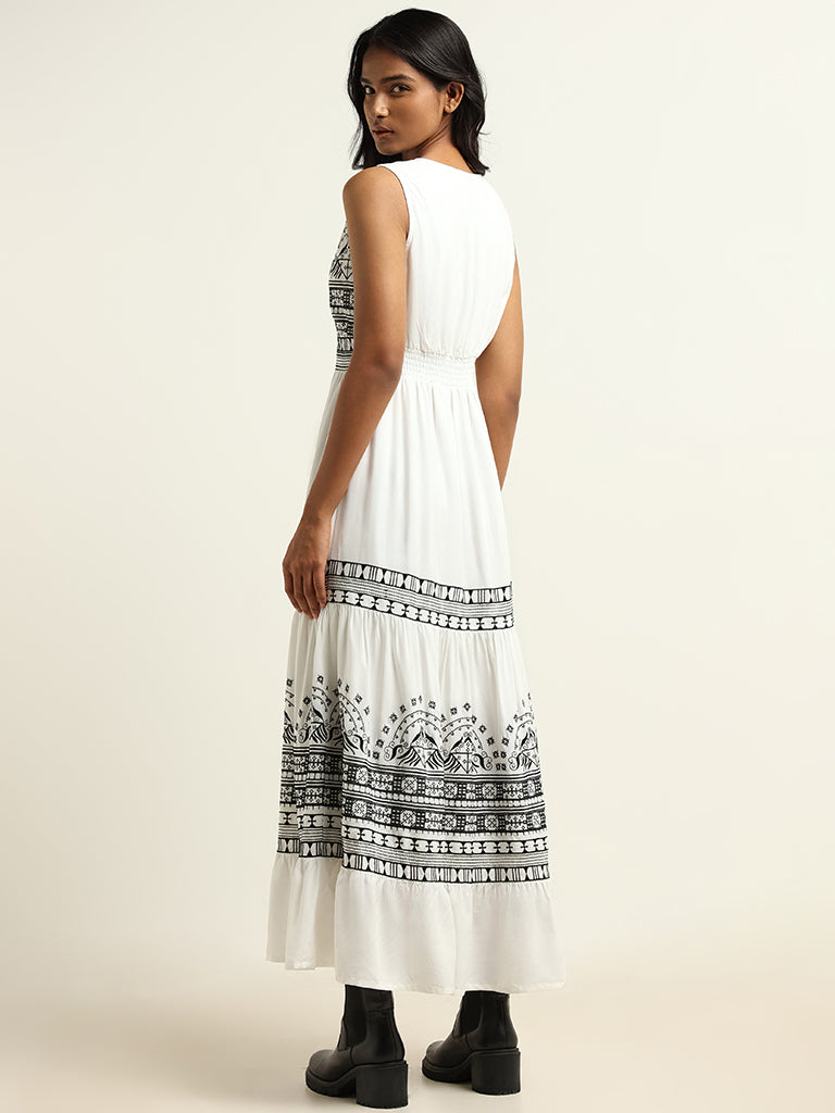 LOV Black and White Printed Cotton A-Line Dress