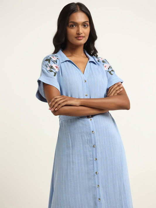 LOV Powder Blue Striped Shirt Dress with Fabric Belt