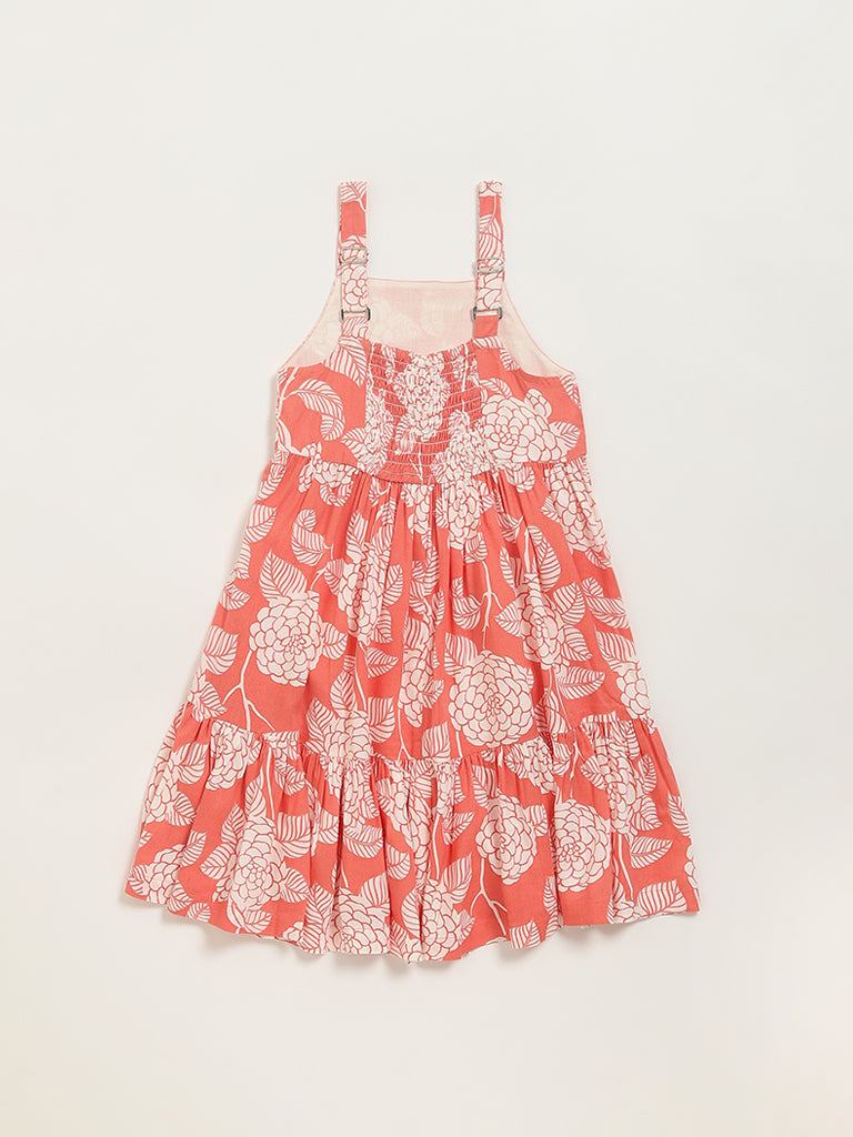 Utsa Kids Peach Printed Strappy Dress