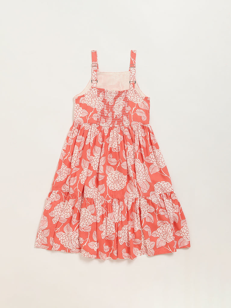 Utsa Kids Peach Printed Strappy Dress