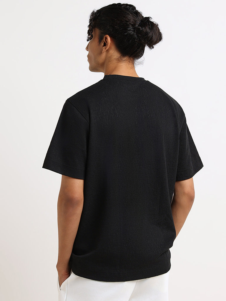 Studiofit Black Self-Patterned Relaxed Fit T-Shirt