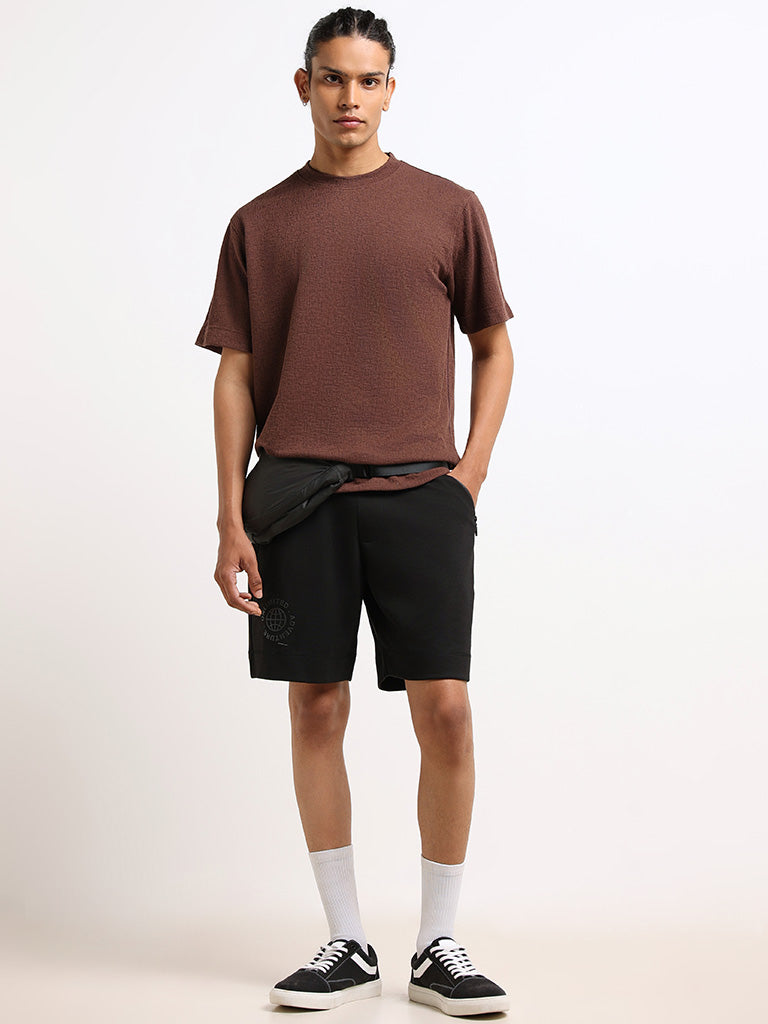 Studiofit Brown Self-Patterned Relaxed Fit T-Shirt