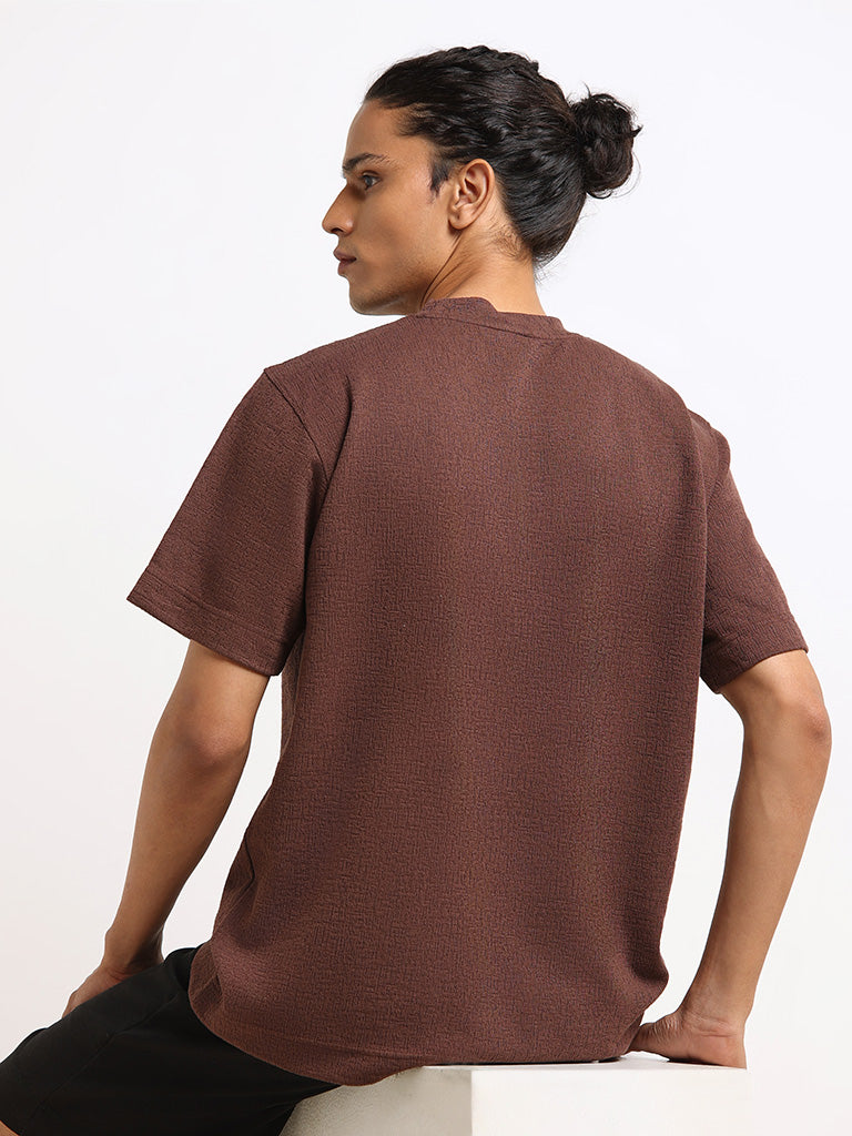 Studiofit Brown Self-Patterned Relaxed Fit T-Shirt