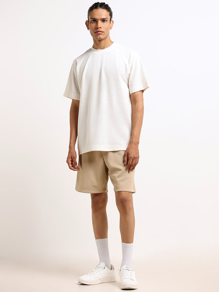 Studiofit Off-White Self-Patterned Relaxed Fit T-Shirt